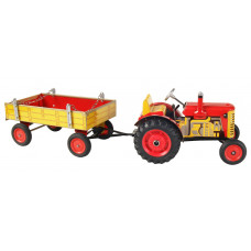 Plechový traktor ZETOR s prívesom - červený – plastové disky kolies